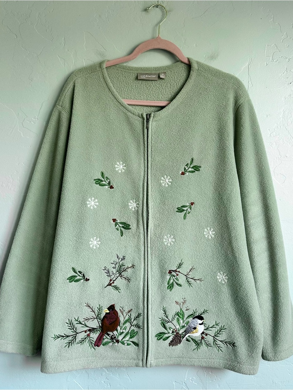 croft & barrow Sage Green Embroidered Christmas Birds Zip Fleece Jacket Size 3X
